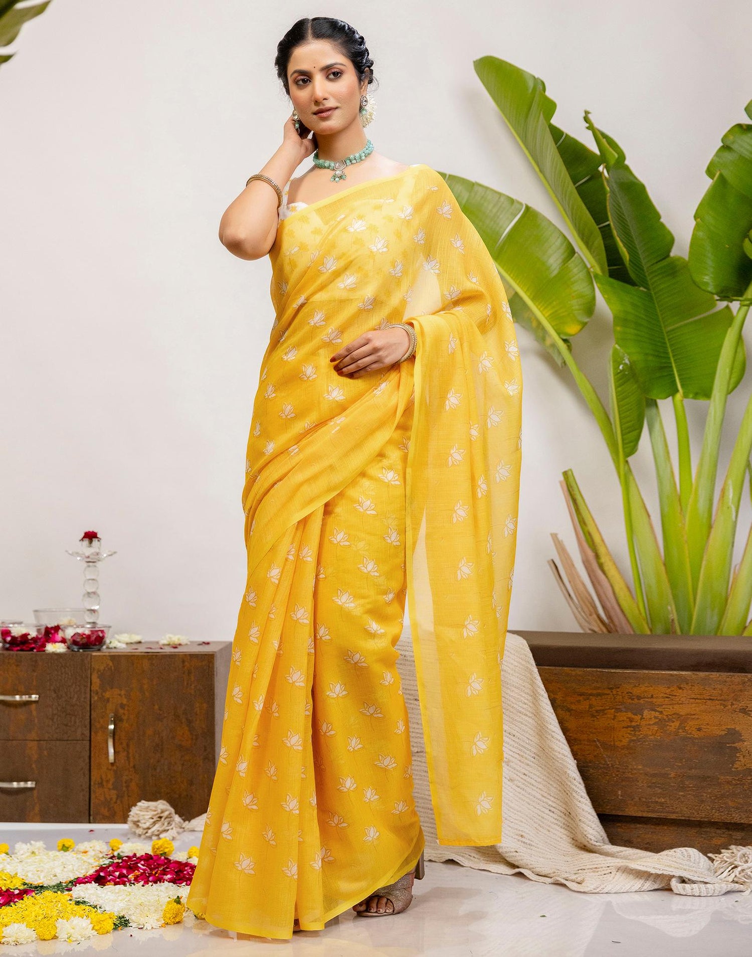 Yellow Cotton Printed Saree