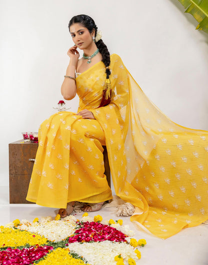 Yellow Cotton Printed Saree
