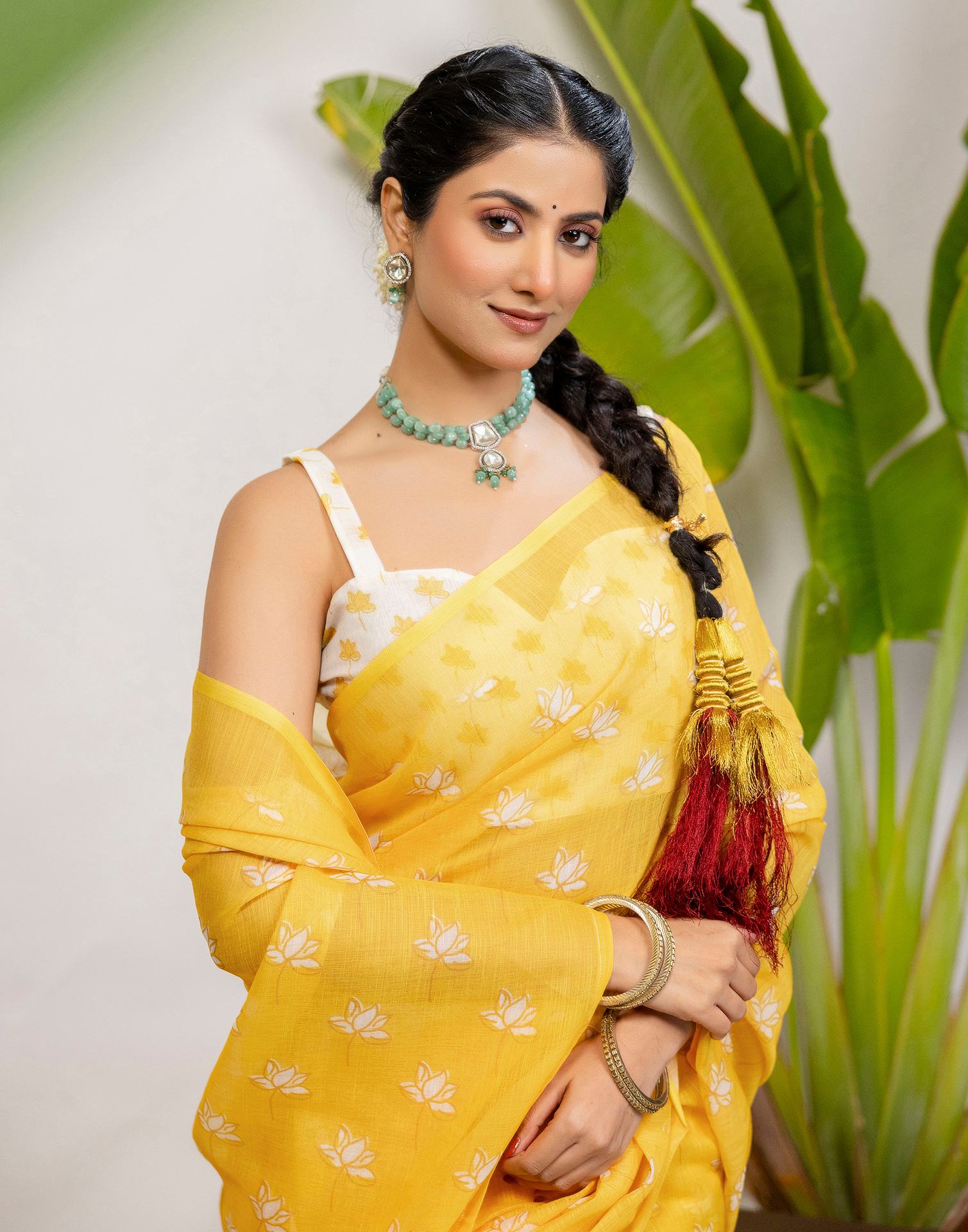 Yellow Cotton Printed Saree