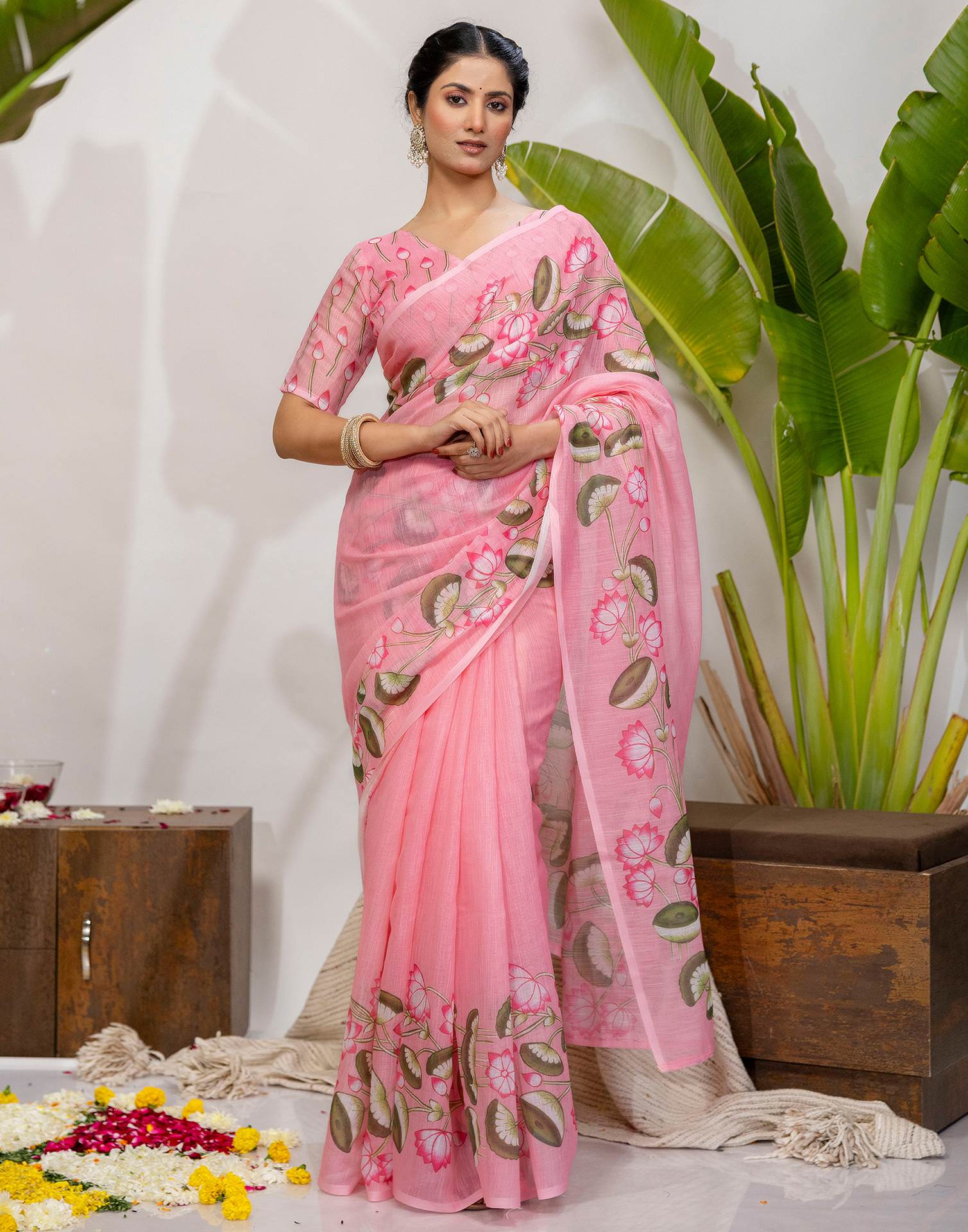 Baby Pink Cotton Floral Printed Saree