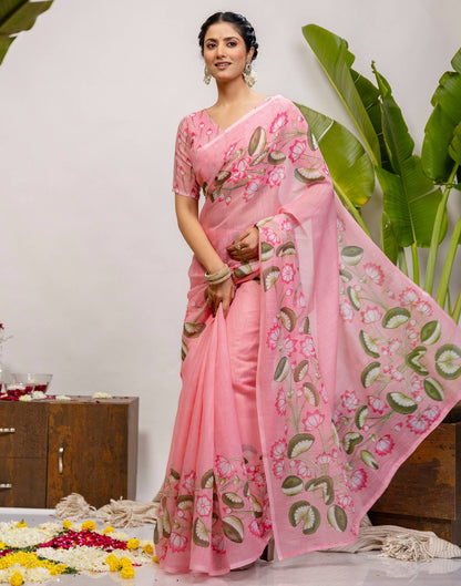Baby Pink Cotton Floral Printed Saree