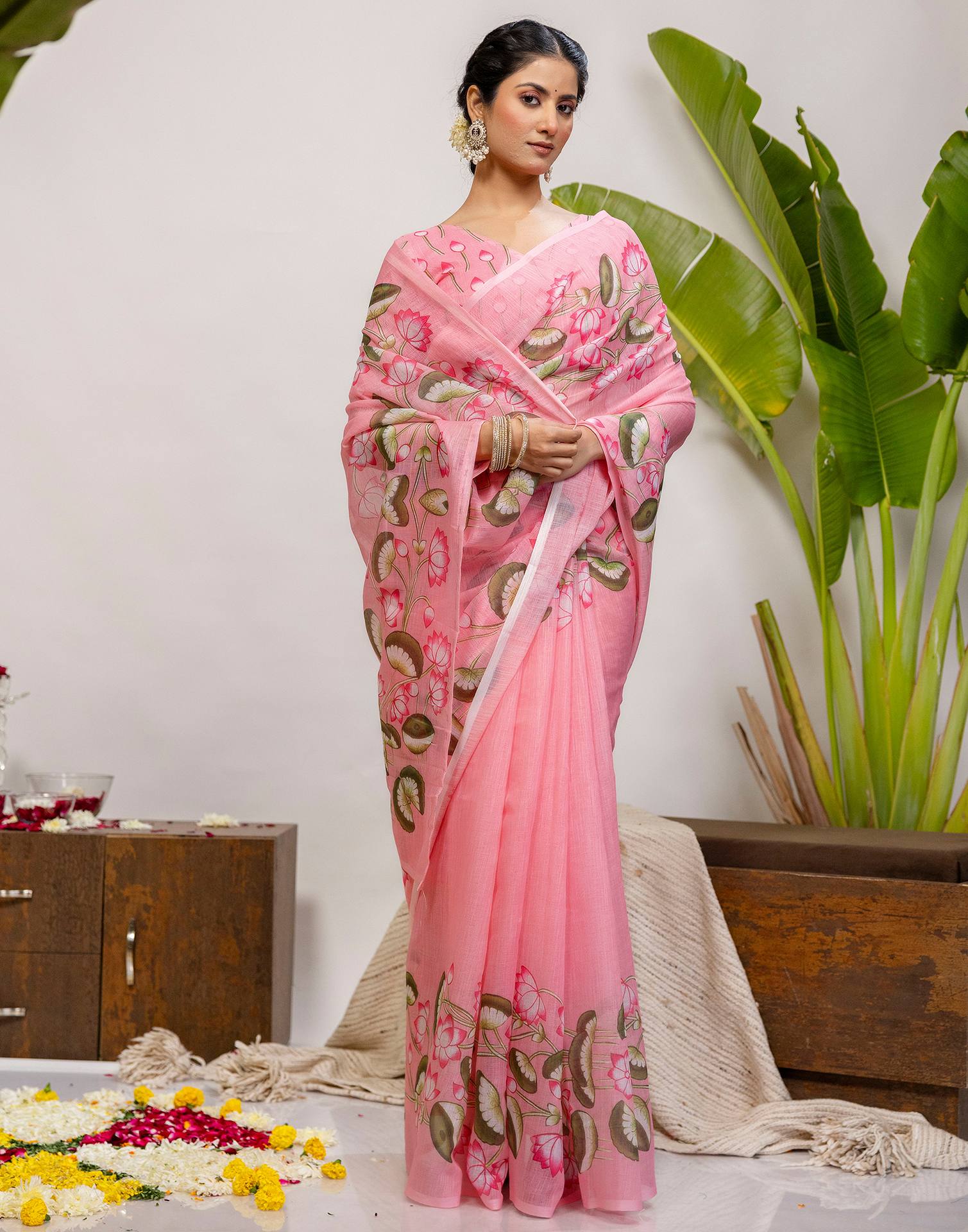Baby Pink Cotton Floral Printed Saree