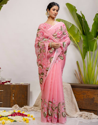 Baby Pink Cotton Floral Printed Saree