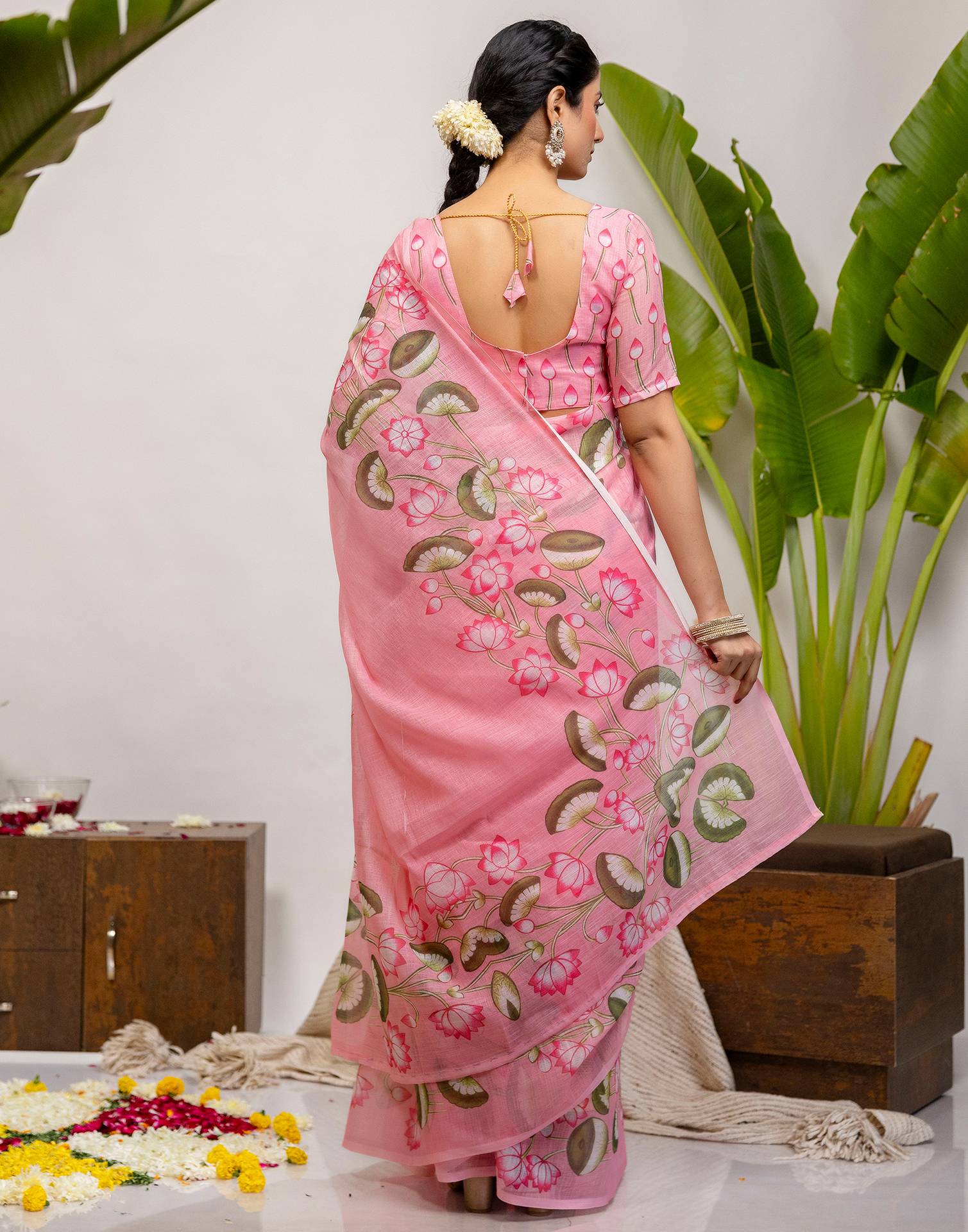 Baby Pink Cotton Floral Printed Saree