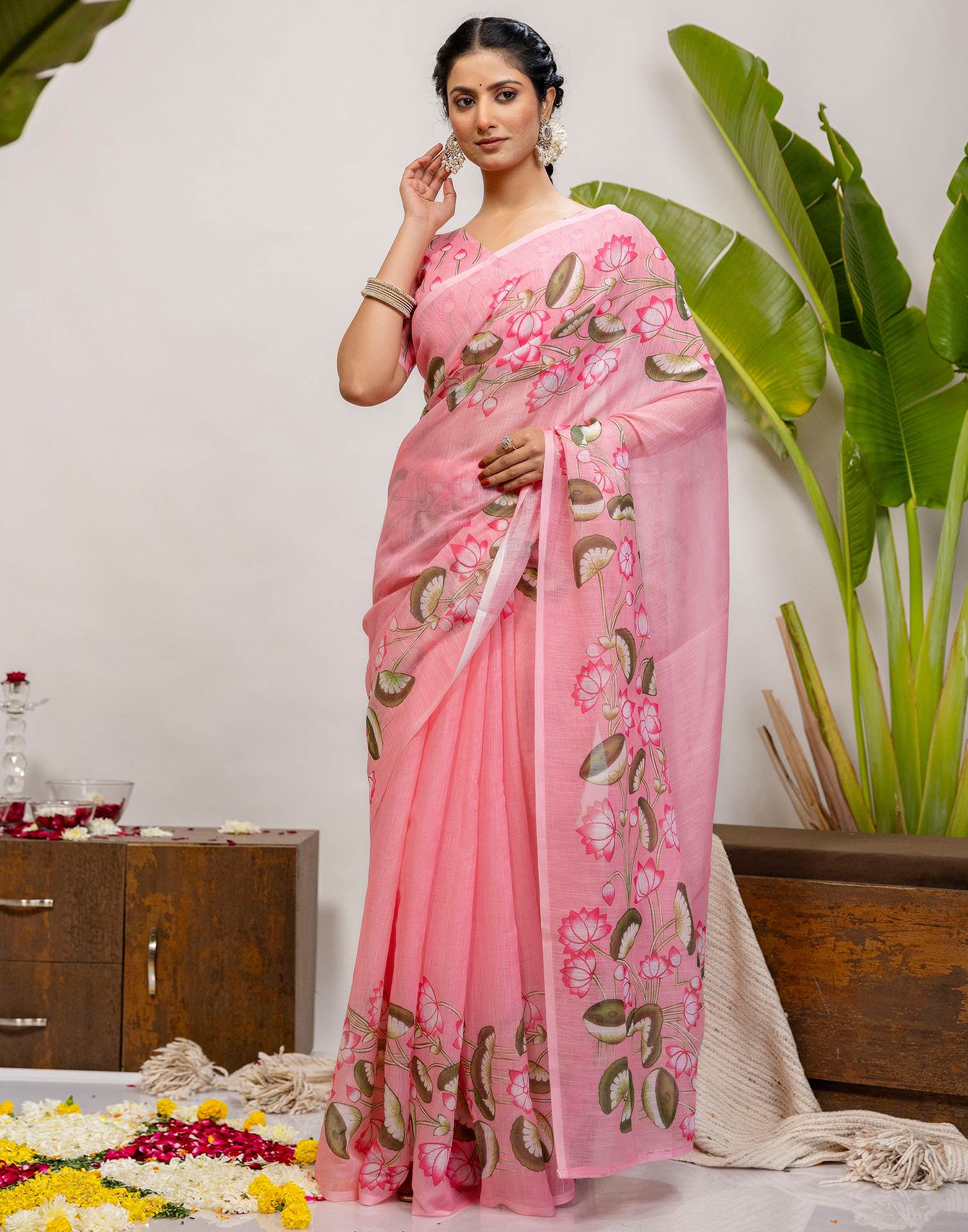 Baby Pink Cotton Floral Printed Saree