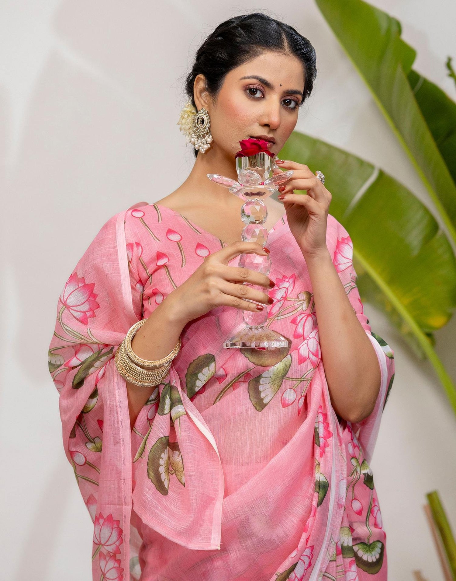 Baby Pink Cotton Floral Printed Saree