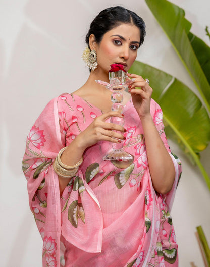 Baby Pink Cotton Floral Printed Saree