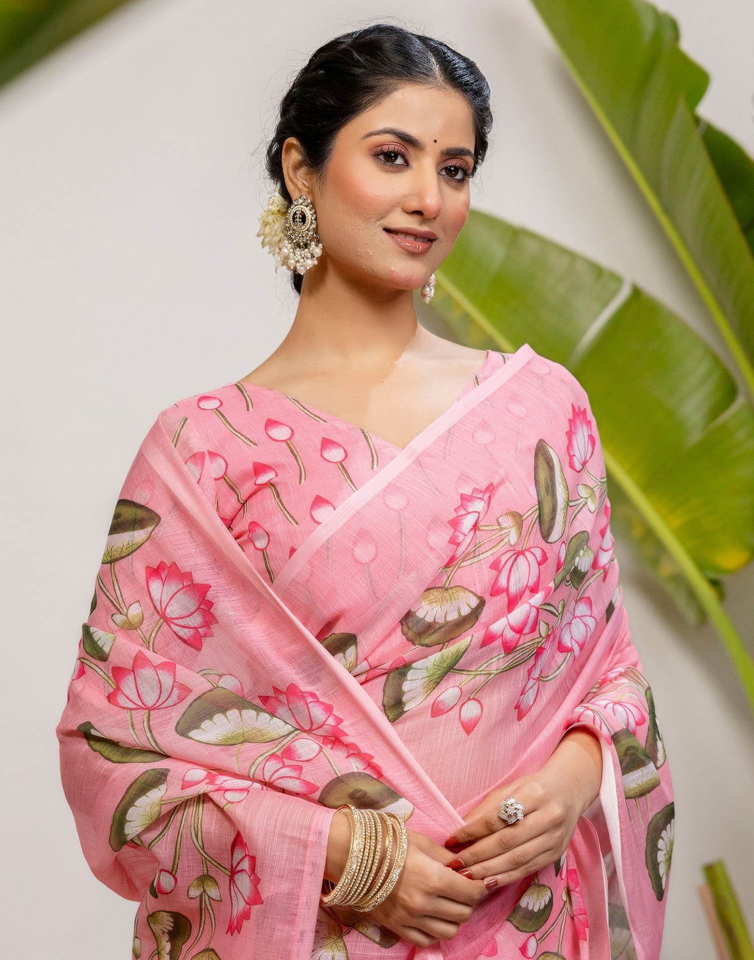 Baby Pink Cotton Floral Printed Saree