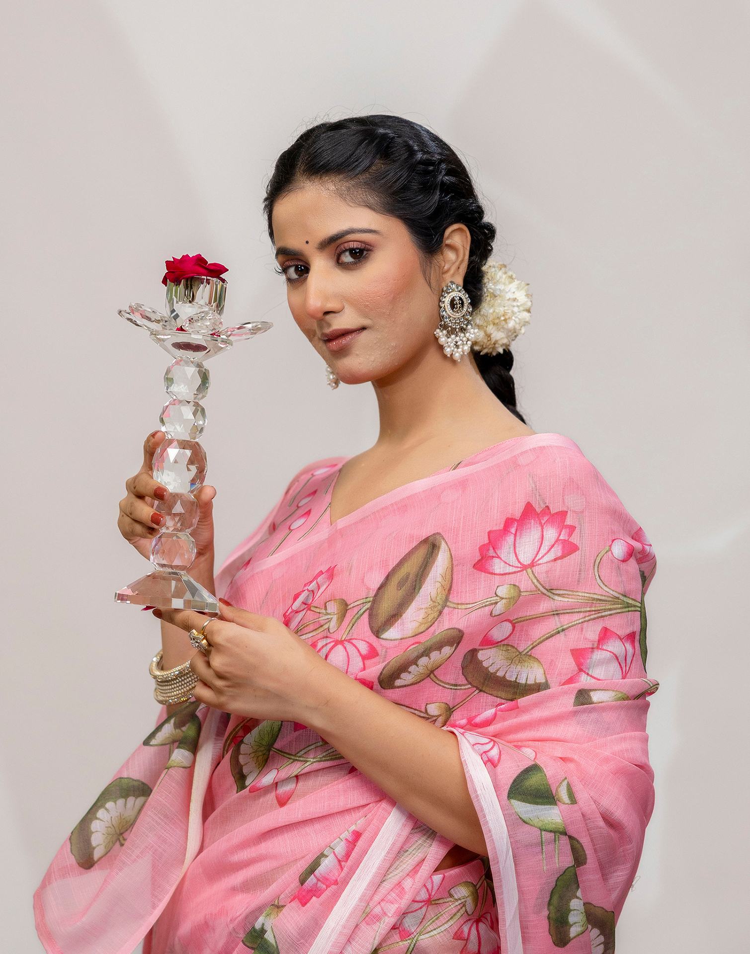 Baby Pink Cotton Floral Printed Saree