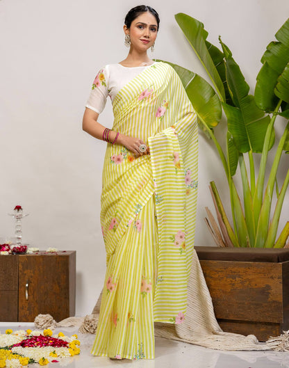 Light Yellow Cotton Printed Saree