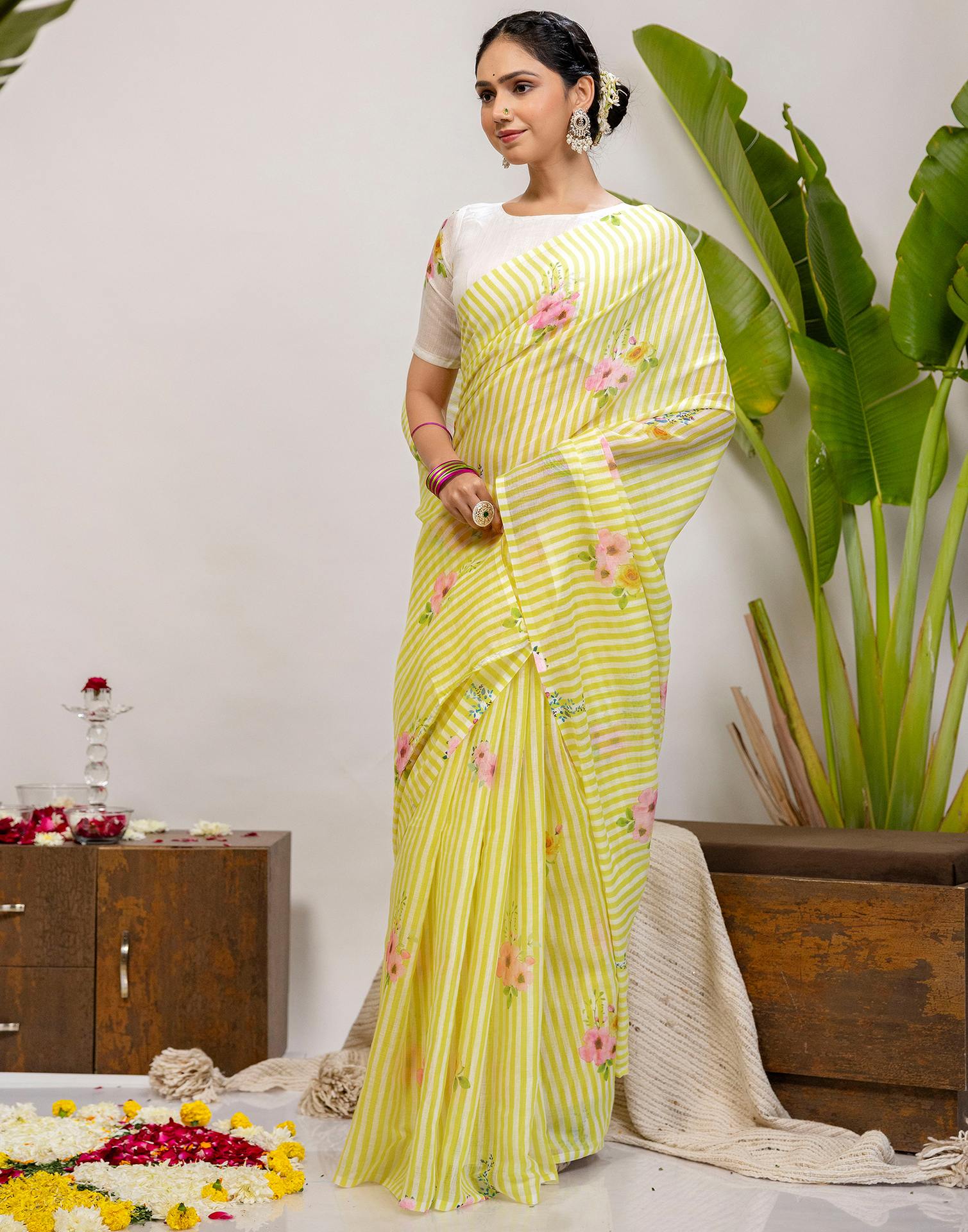 Light Yellow Cotton Printed Saree