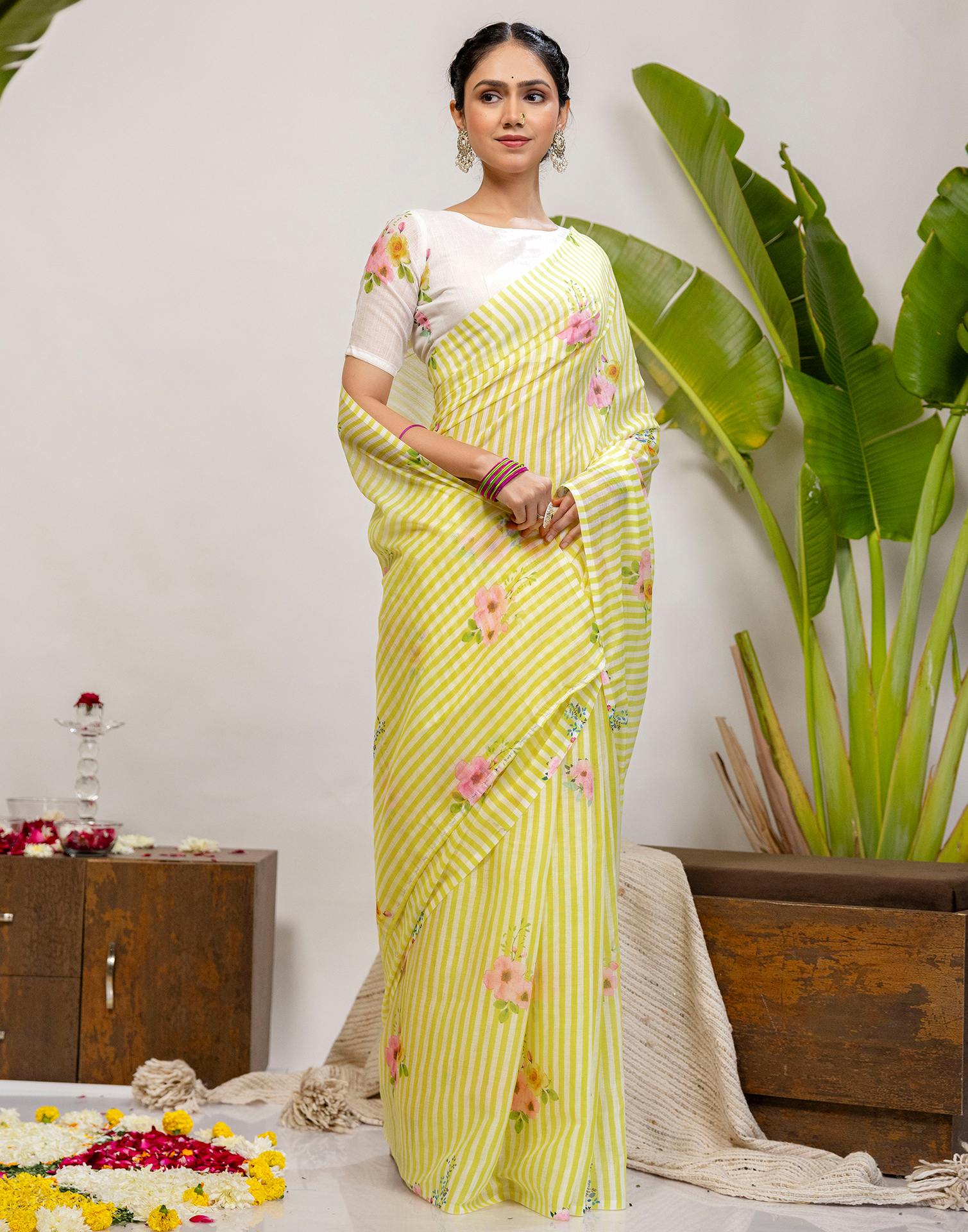 Light Yellow Cotton Printed Saree