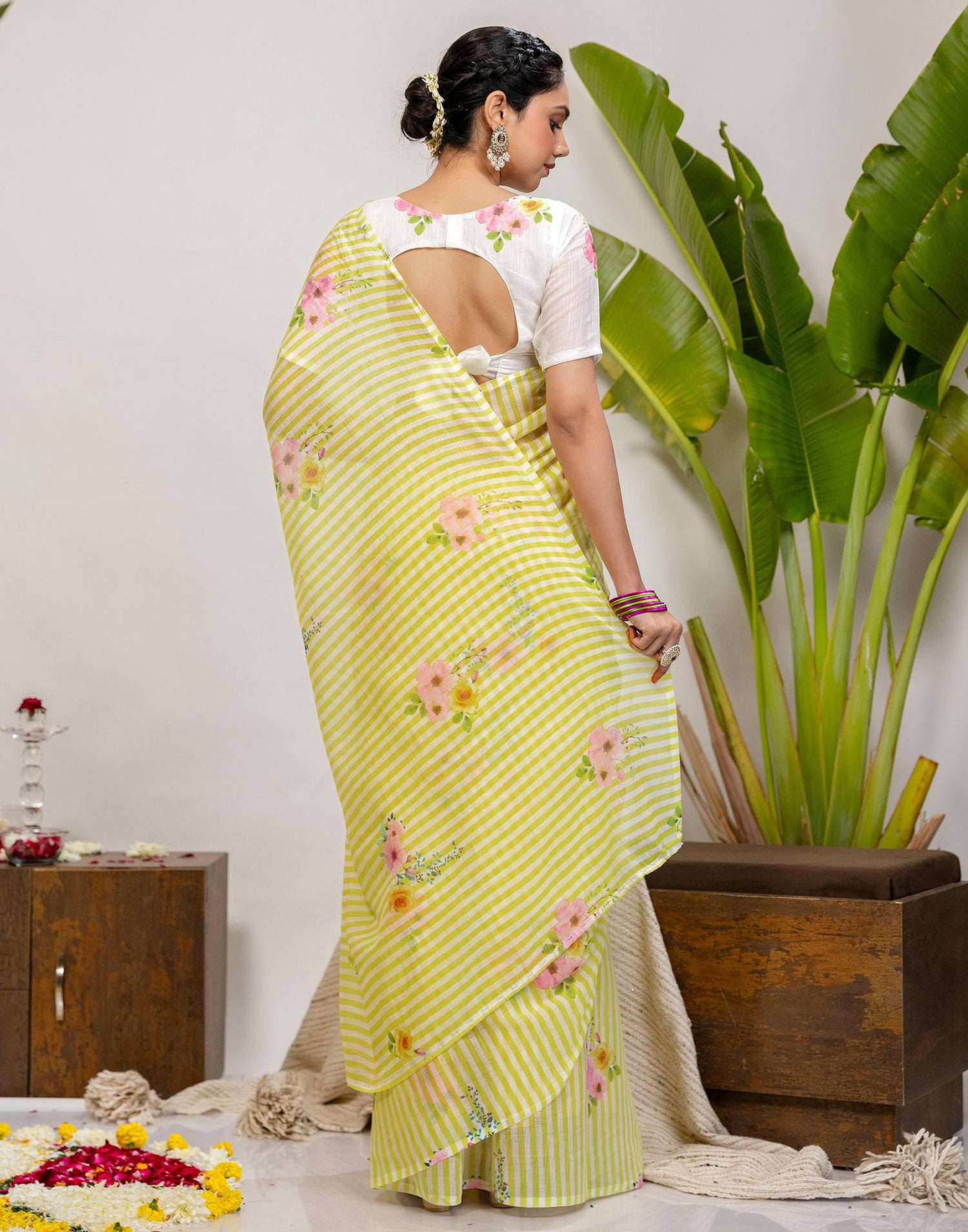 Light Yellow Cotton Printed Saree