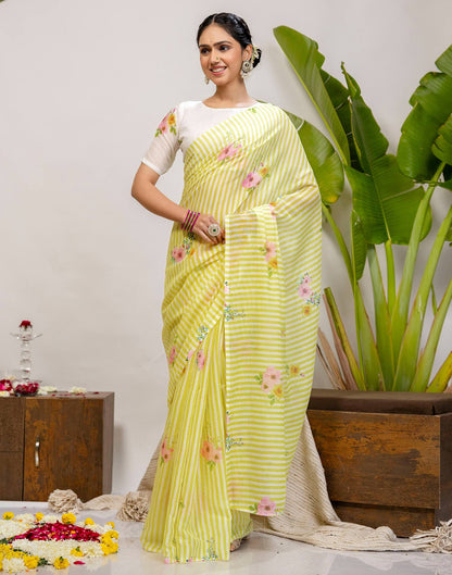 Light Yellow Cotton Printed Saree