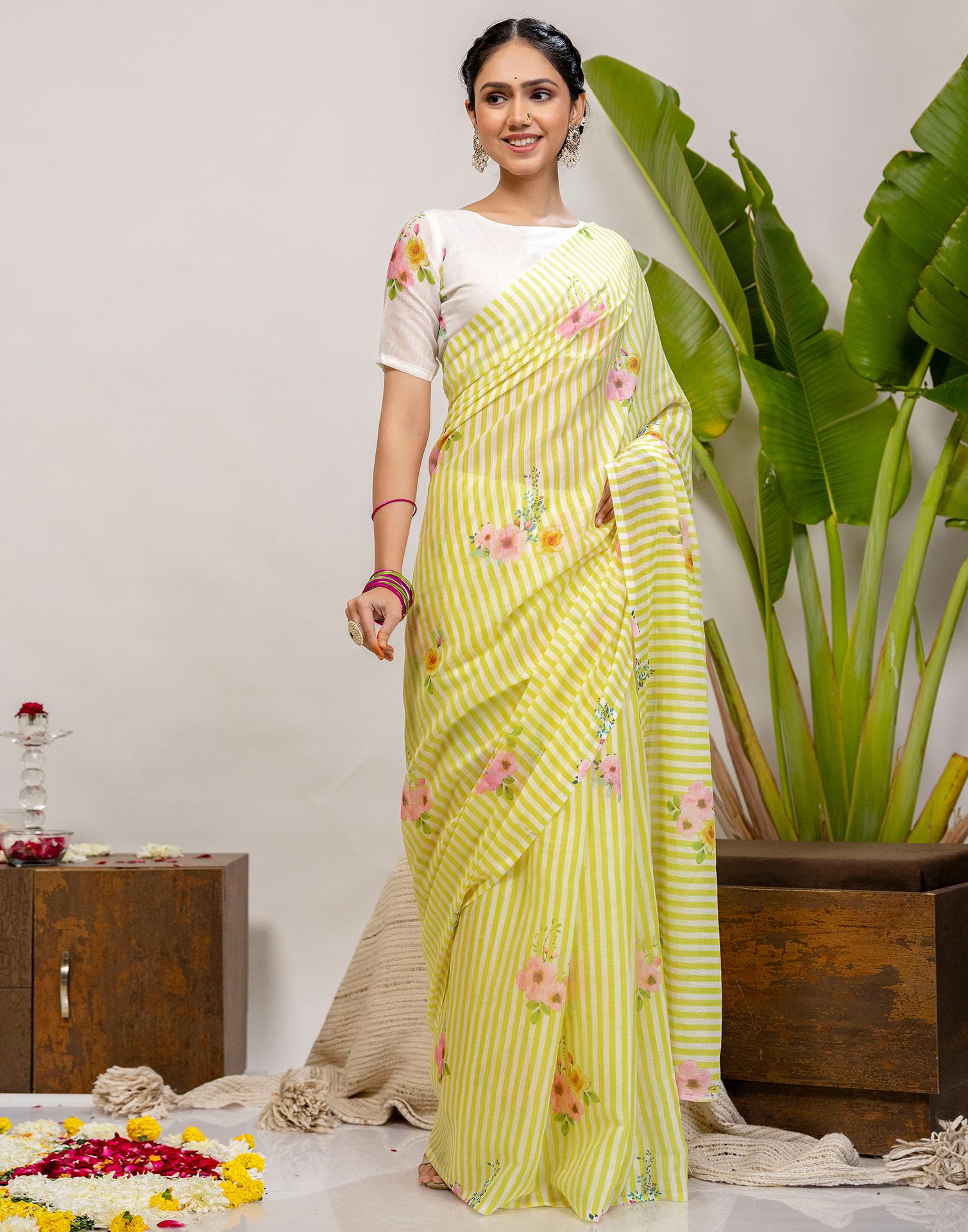 Light Yellow Cotton Printed Saree
