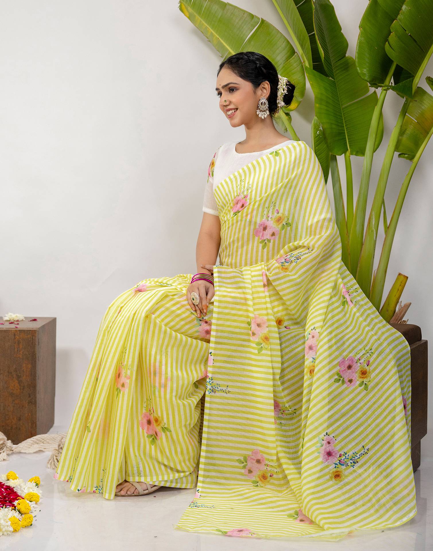 Light Yellow Cotton Printed Saree
