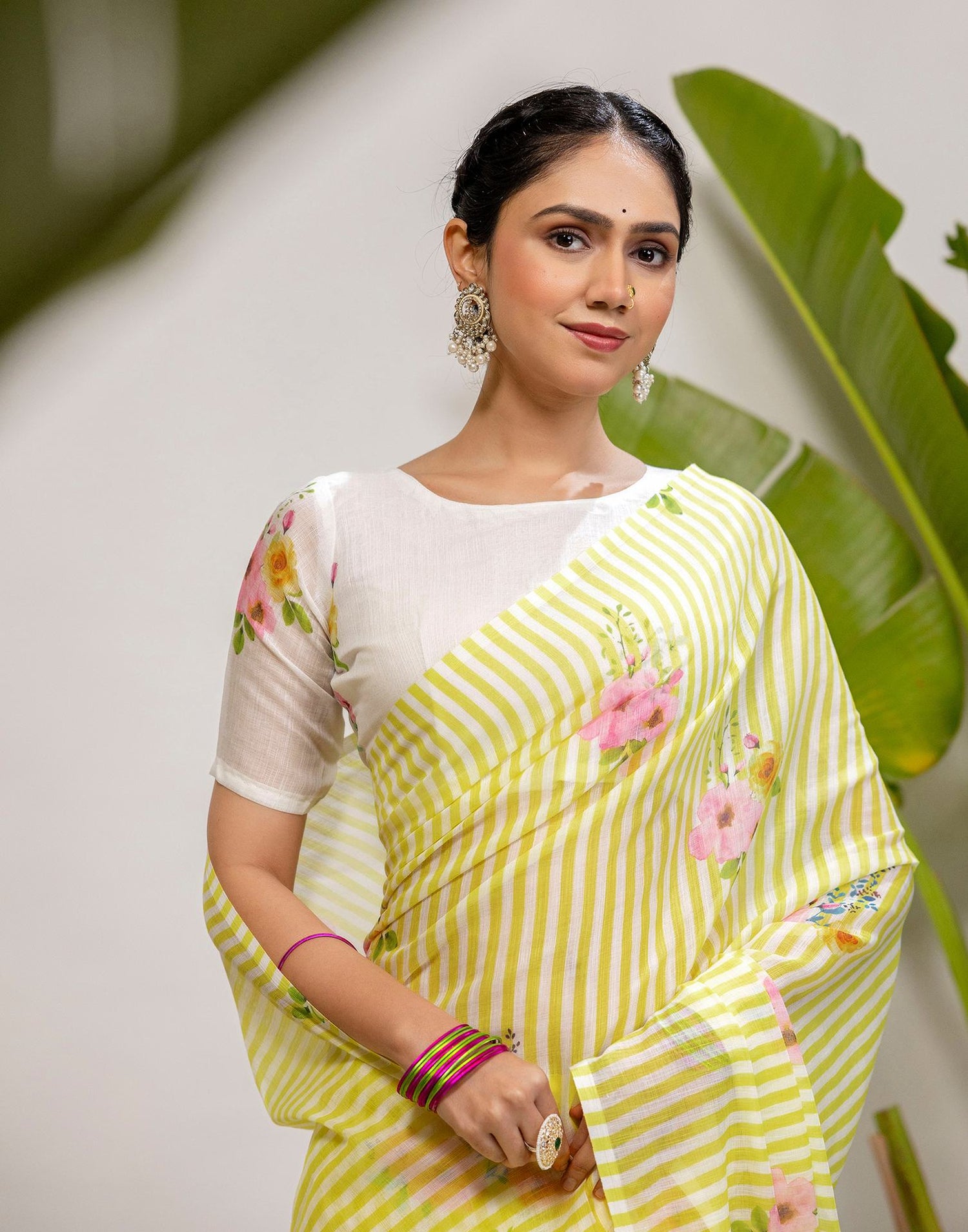 Light Yellow Cotton Printed Saree