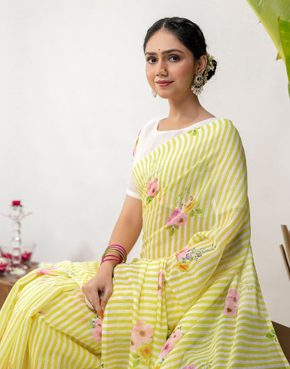 Light Yellow Cotton Printed Saree