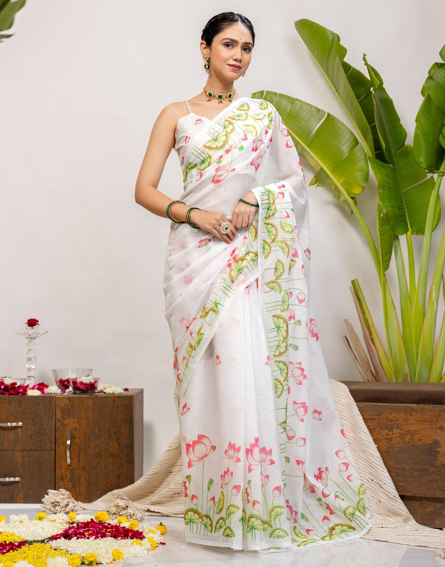 White Cotton Floral Printed Saree