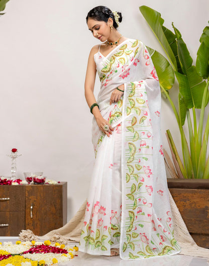 White Cotton Floral Printed Saree