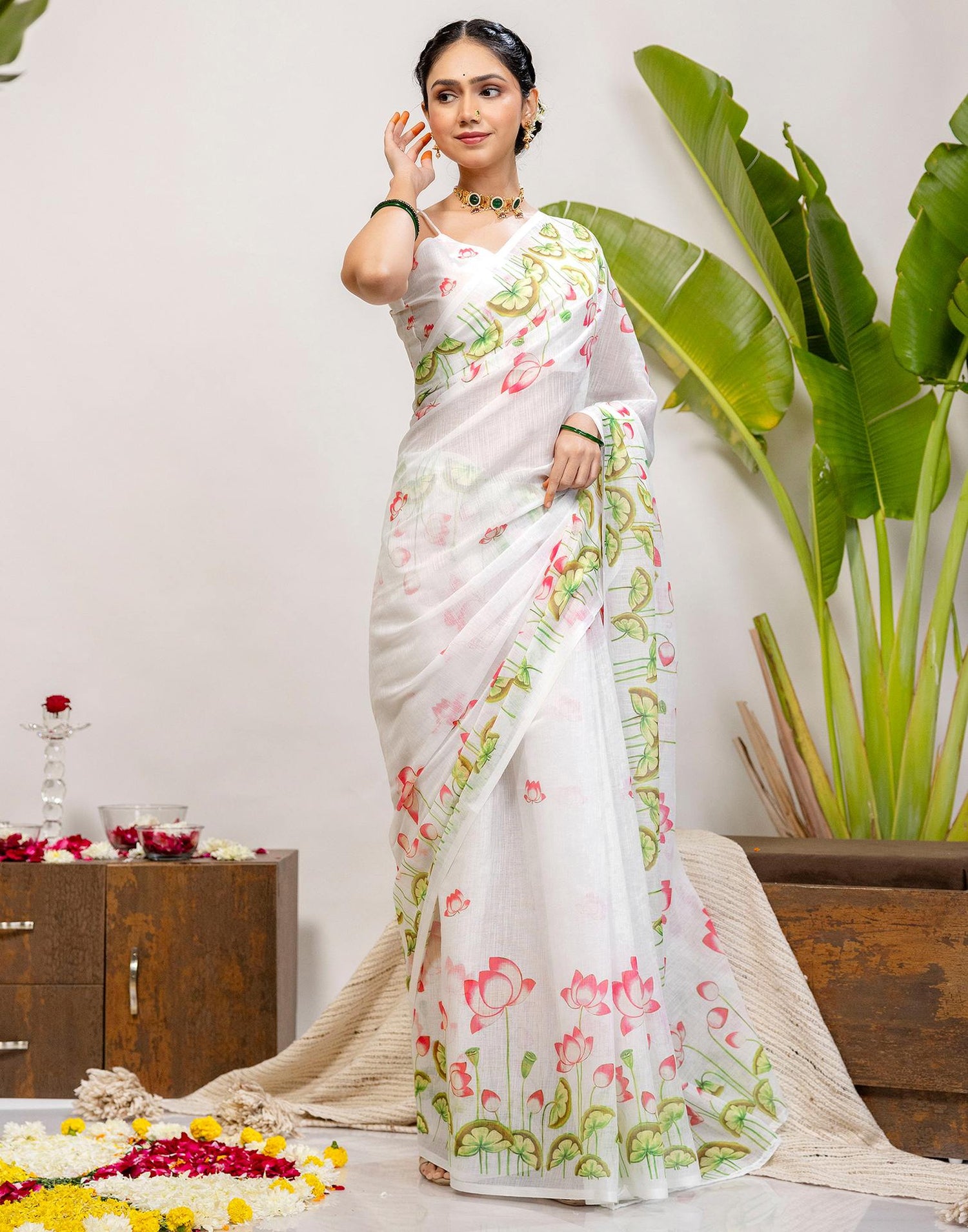 White Cotton Floral Printed Saree