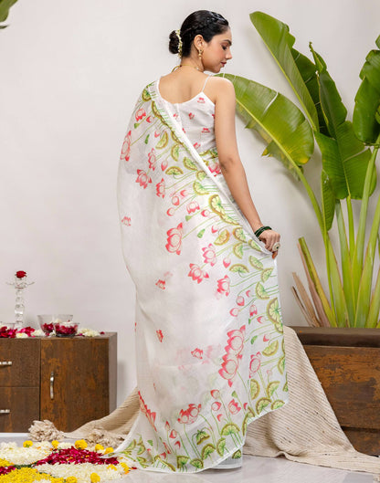 White Cotton Floral Printed Saree