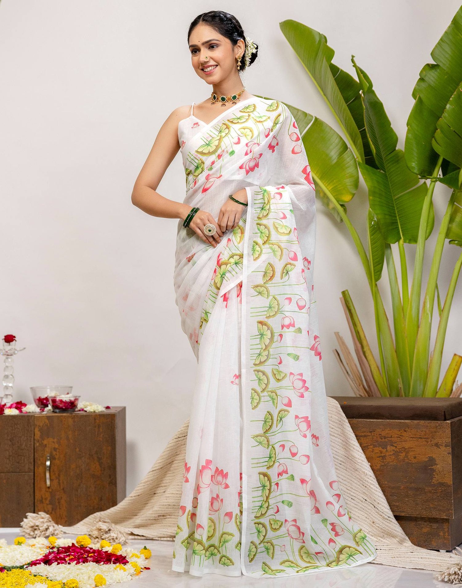 White Cotton Floral Printed Saree