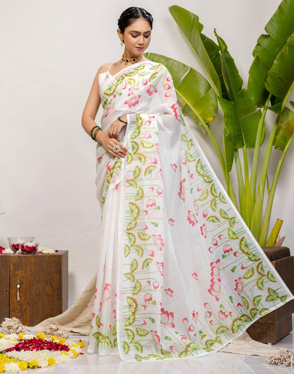 White Cotton Floral Printed Saree