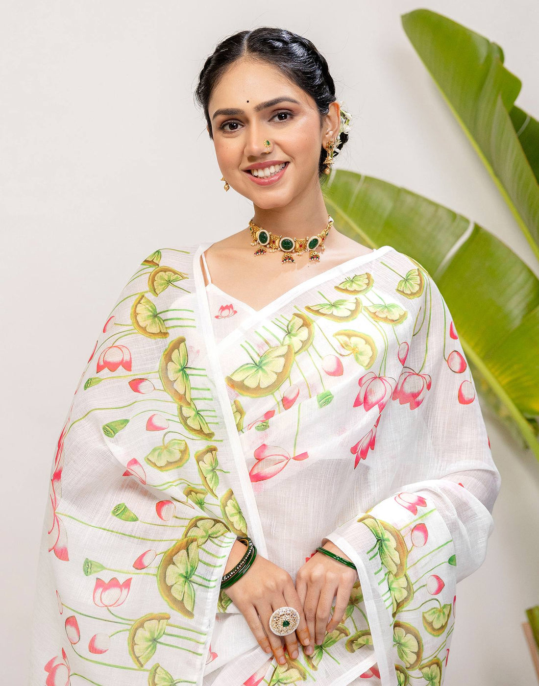 White Cotton Floral Printed Saree