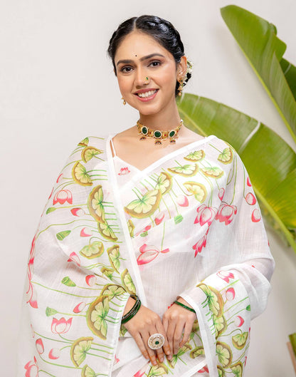 White Cotton Floral Printed Saree
