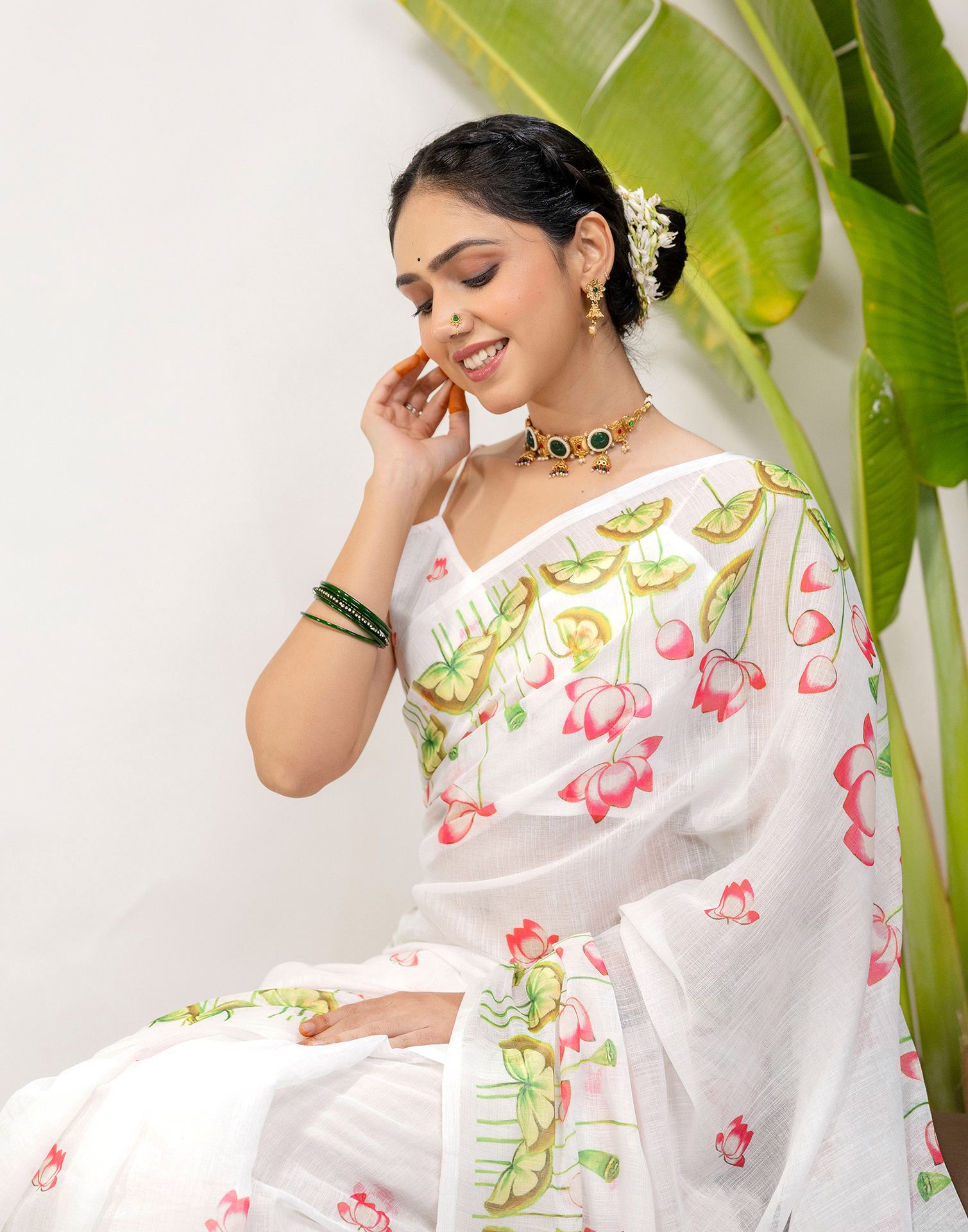 White Cotton Floral Printed Saree