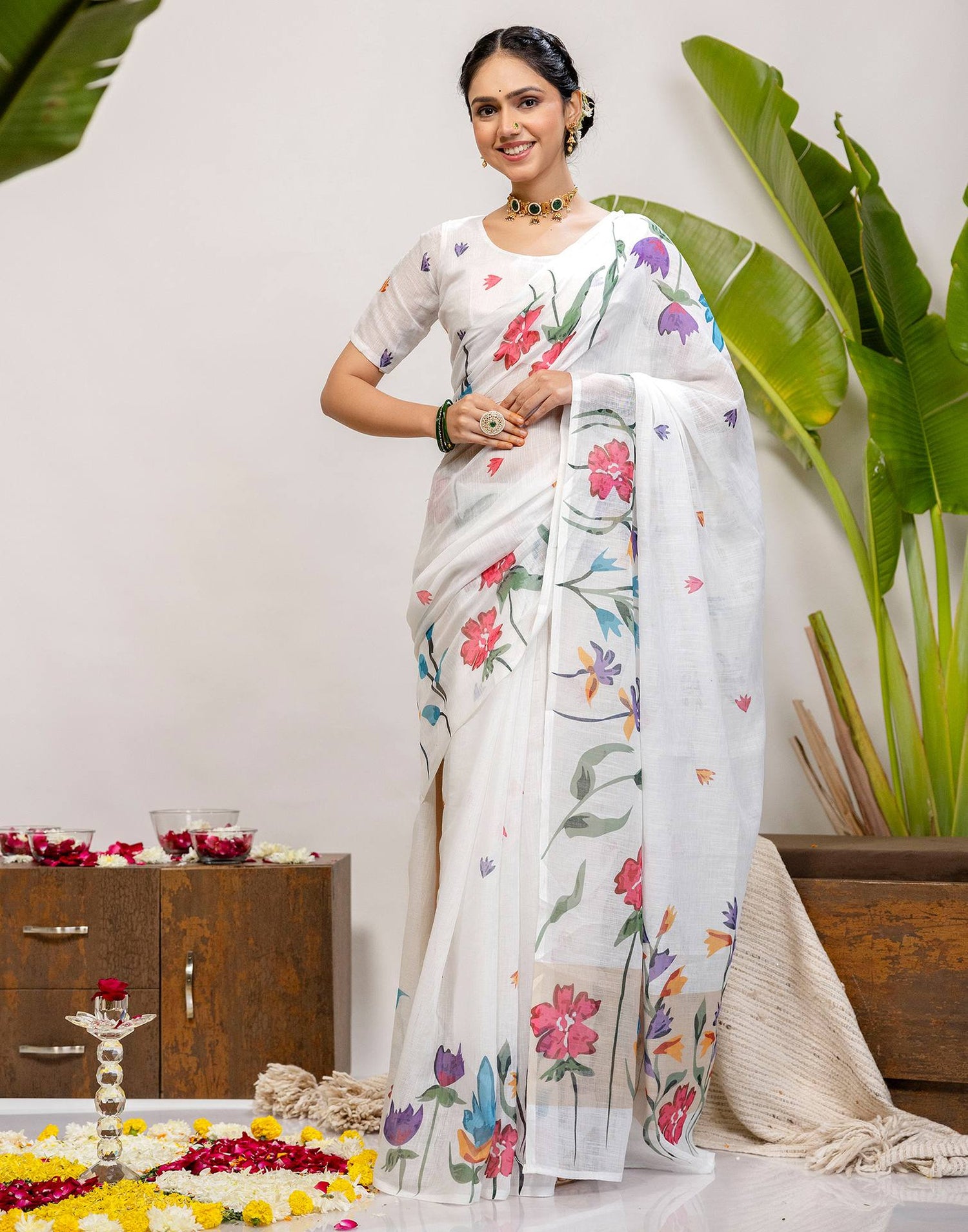White Cotton Floral Printed Saree