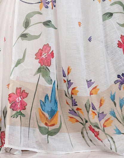 White Cotton Floral Printed Saree
