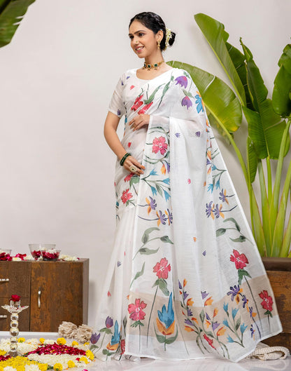 White Cotton Floral Printed Saree