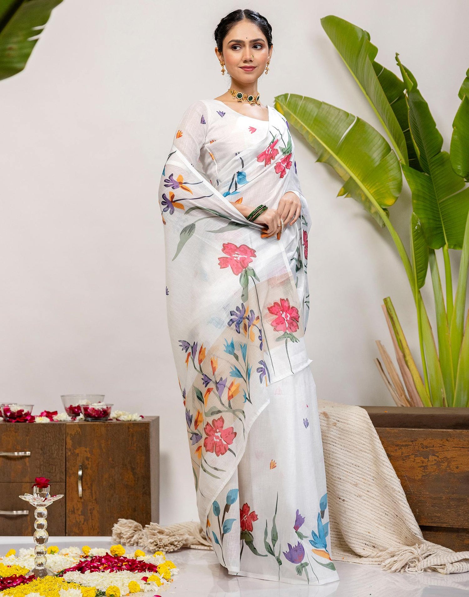 White Cotton Floral Printed Saree