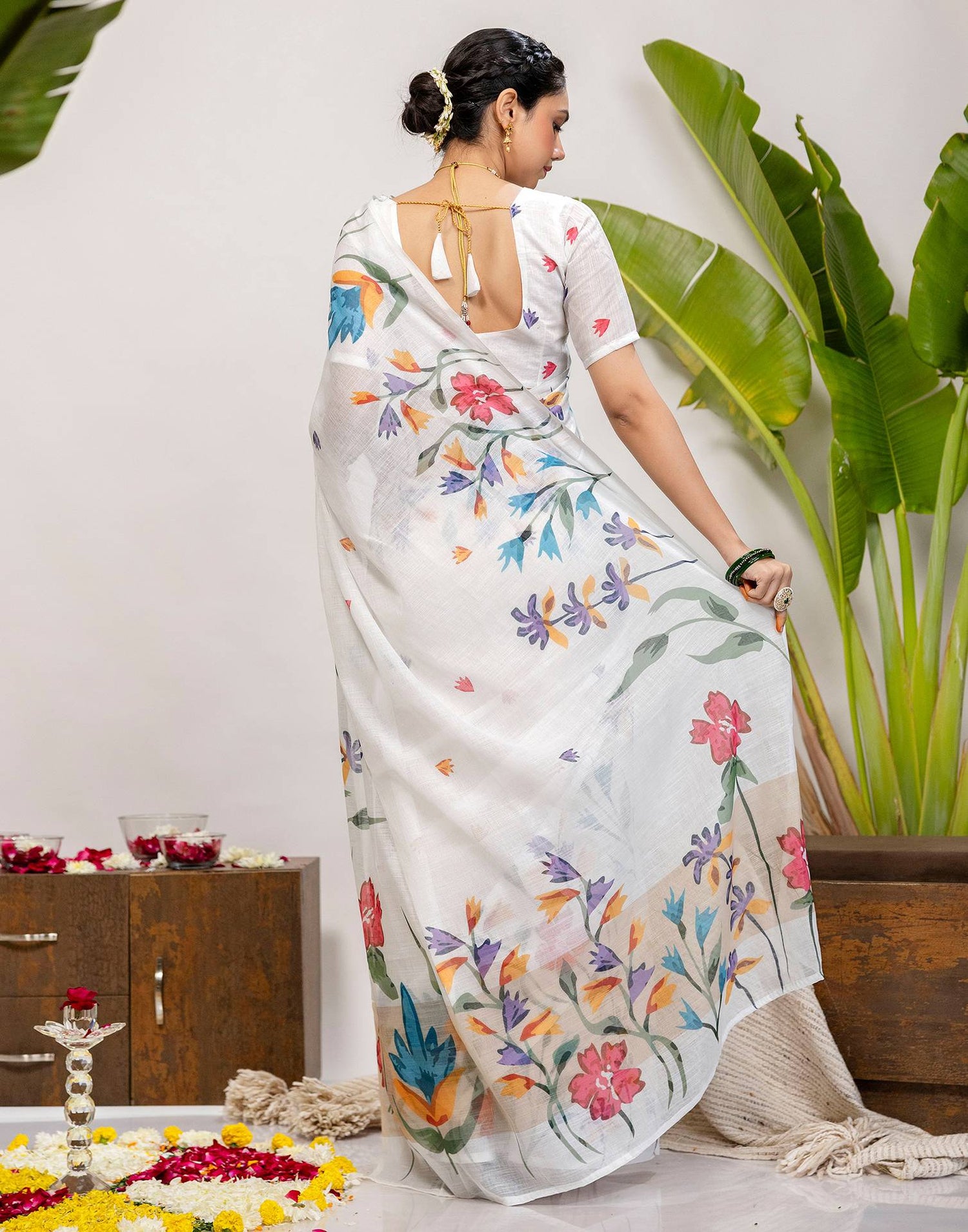 White Cotton Floral Printed Saree