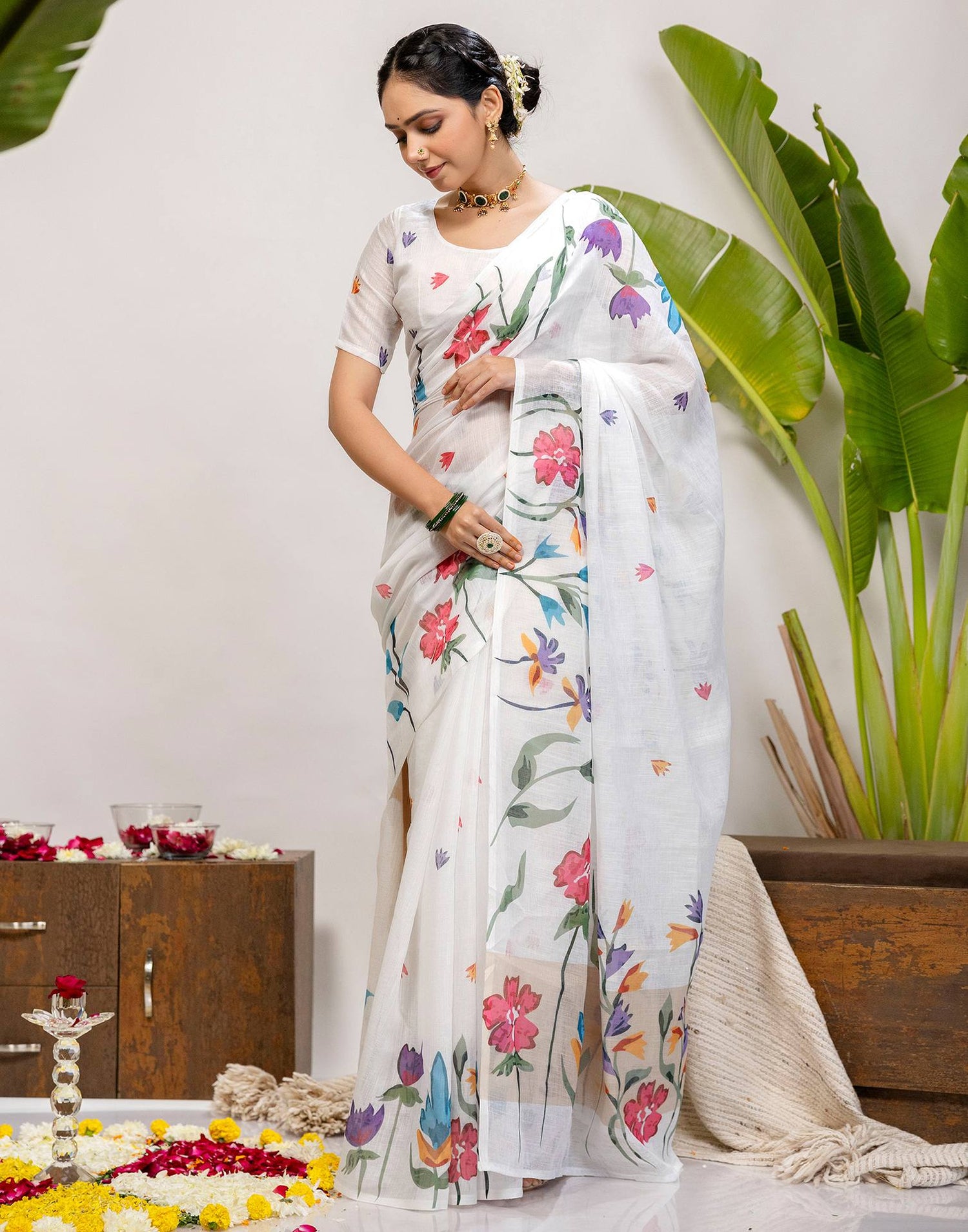 White Cotton Floral Printed Saree