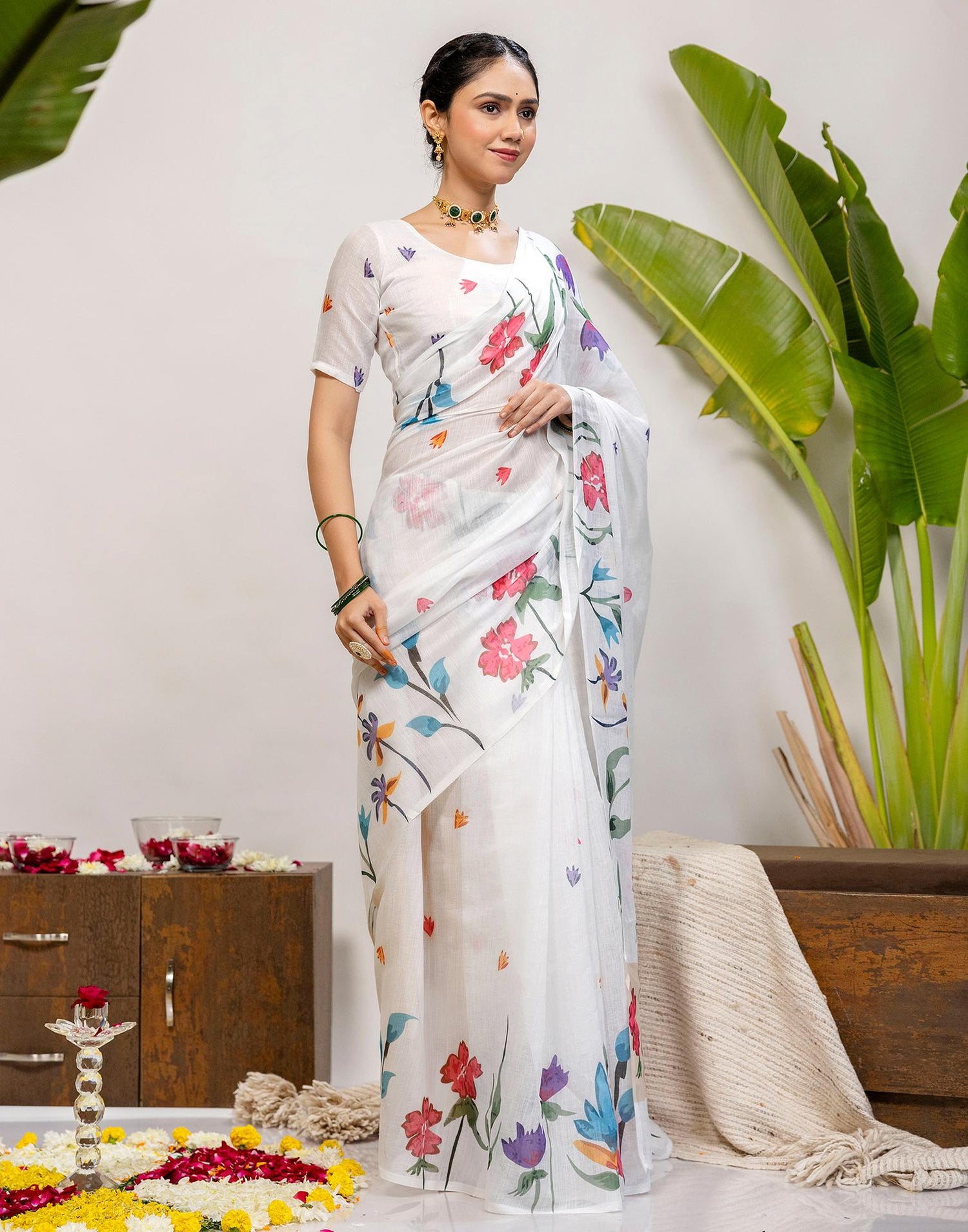 White Cotton Floral Printed Saree