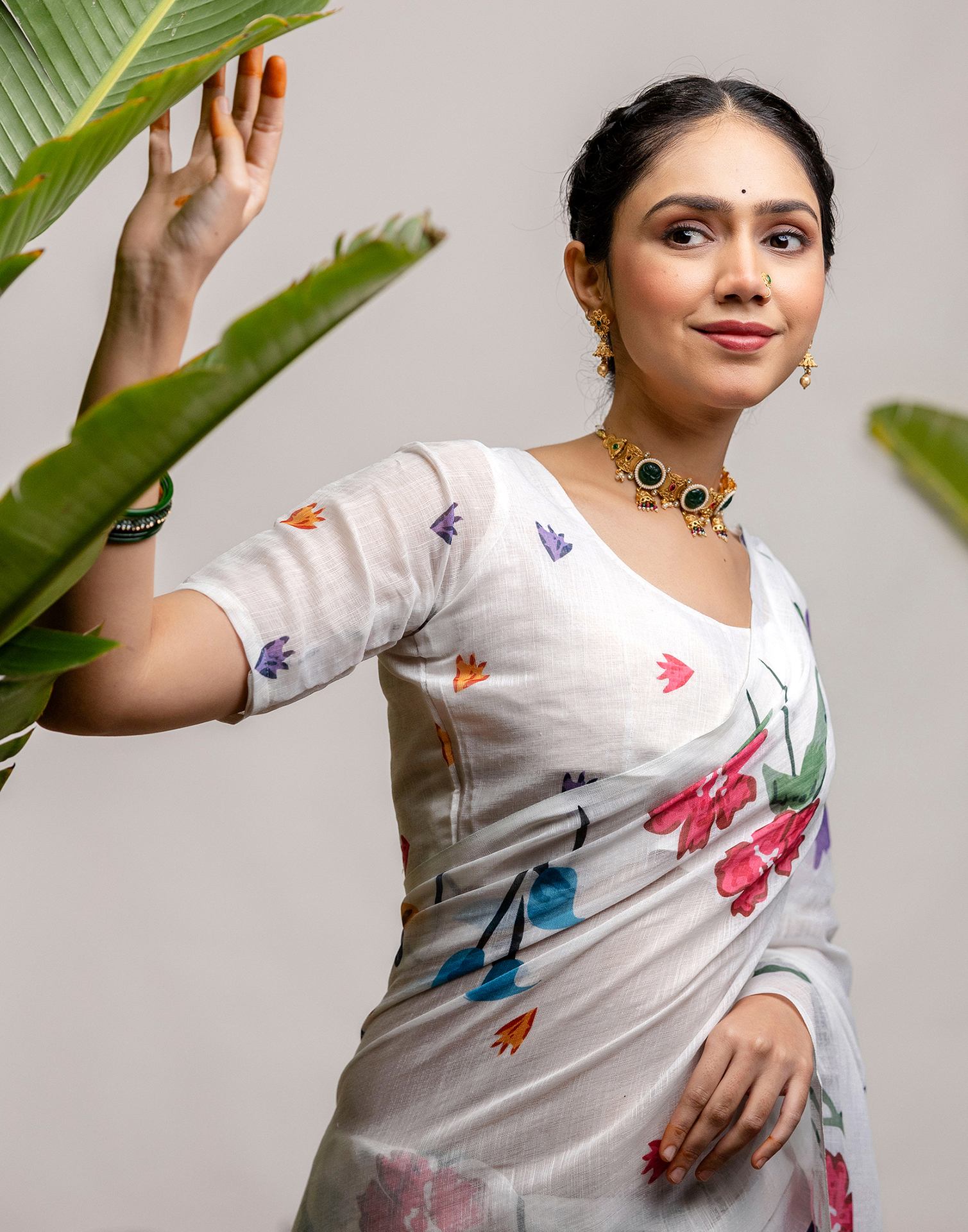 White Cotton Floral Printed Saree