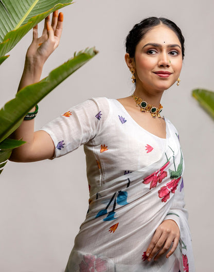 White Cotton Floral Printed Saree