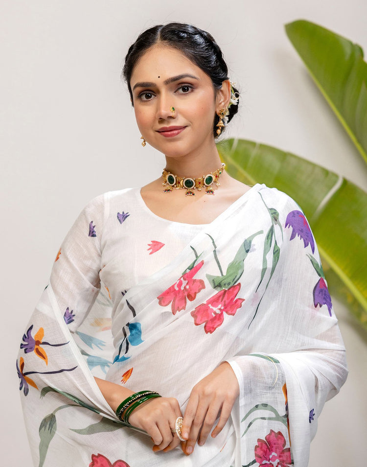 White Cotton Floral Printed Saree