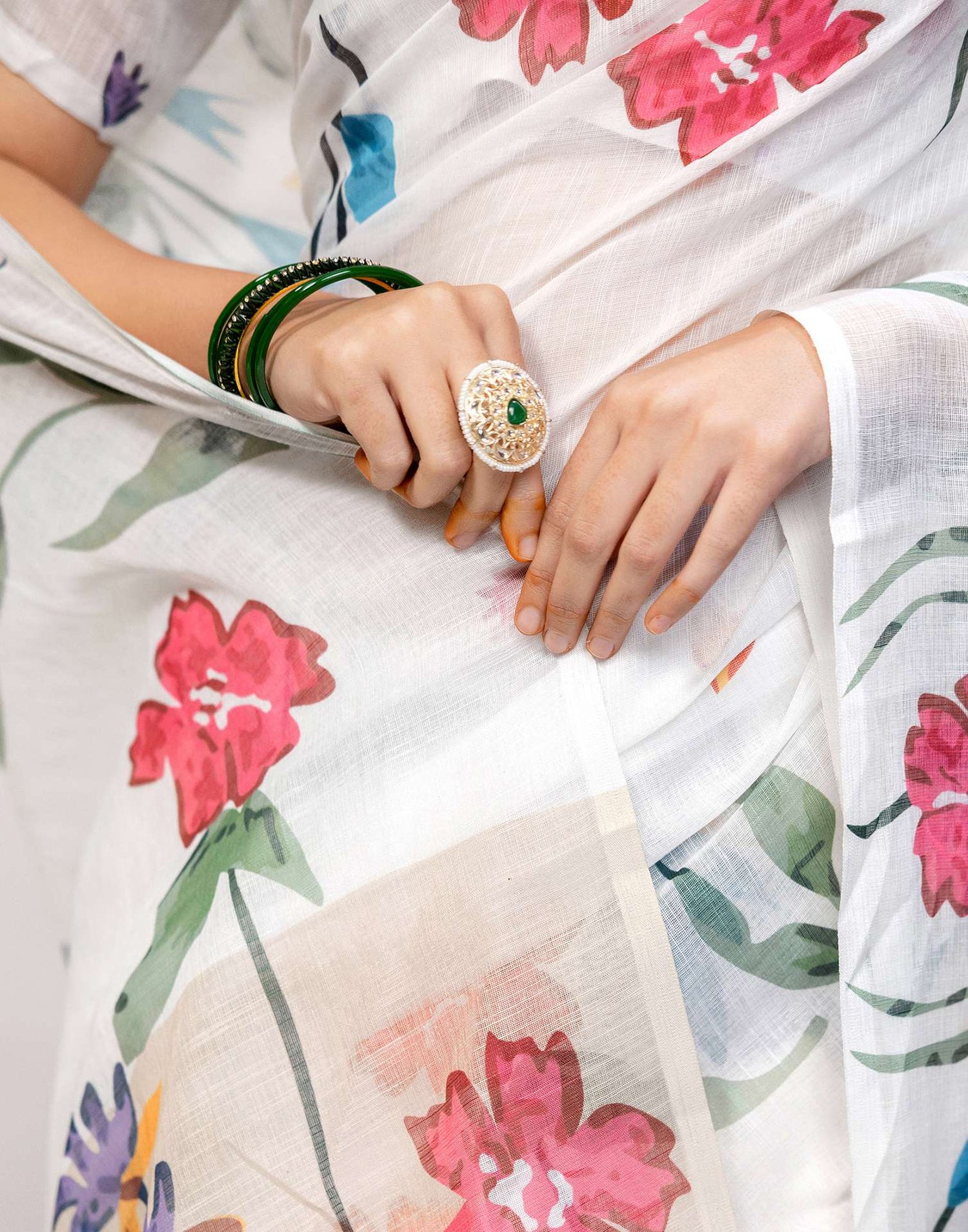 White Cotton Floral Printed Saree