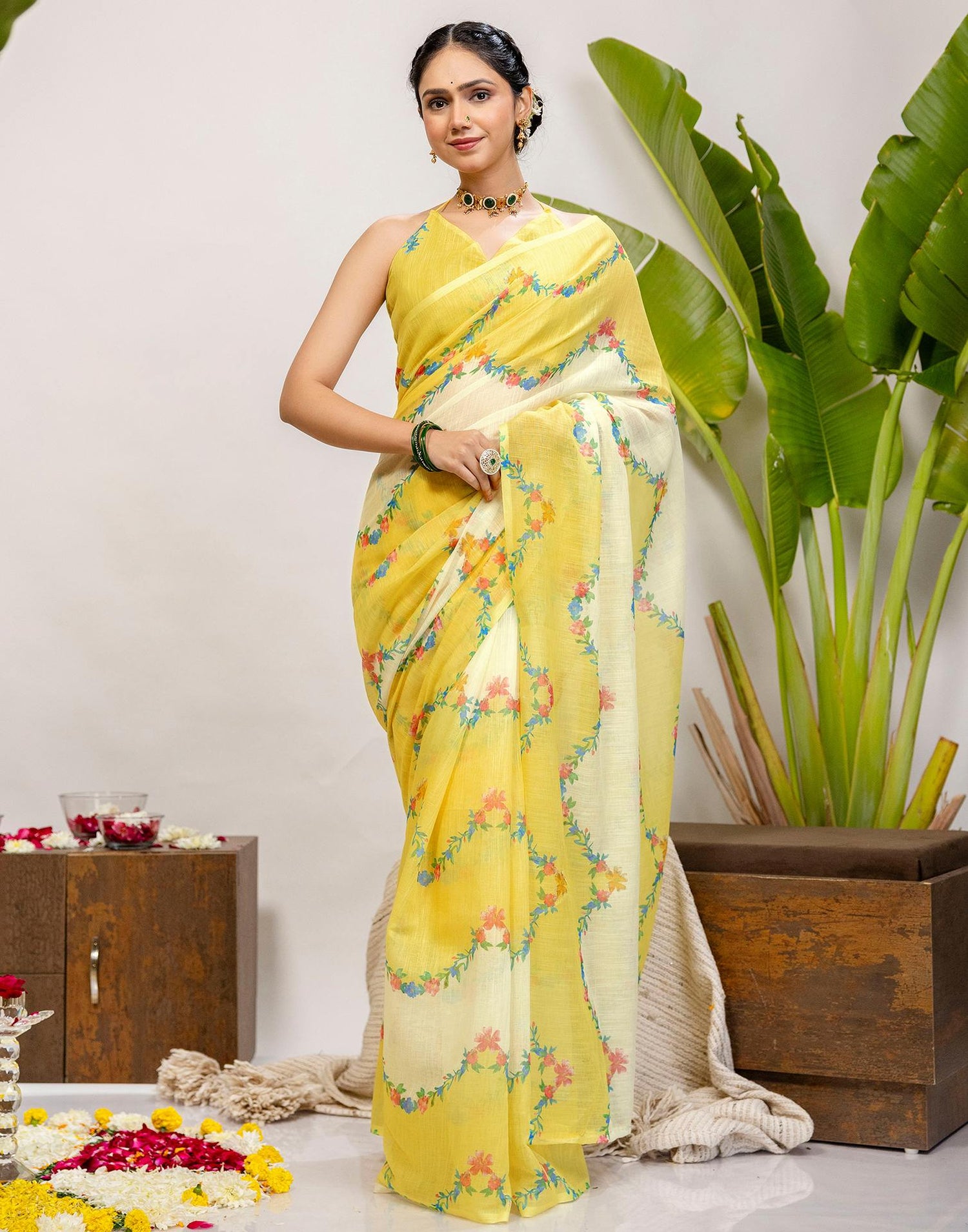 Yellow Cotton Printed Saree