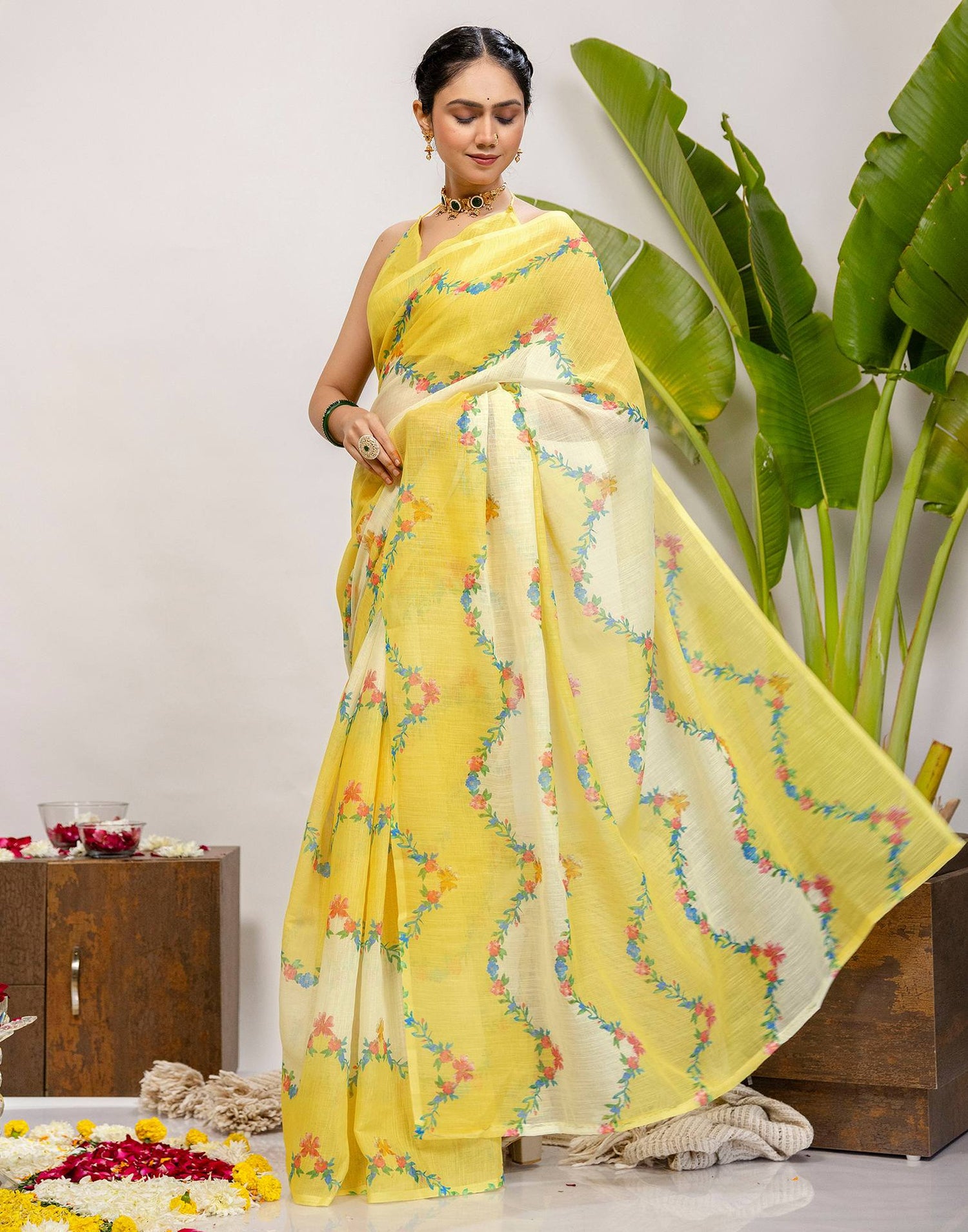 Yellow Cotton Printed Saree
