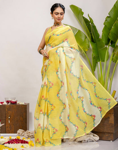 Yellow Cotton Printed Saree