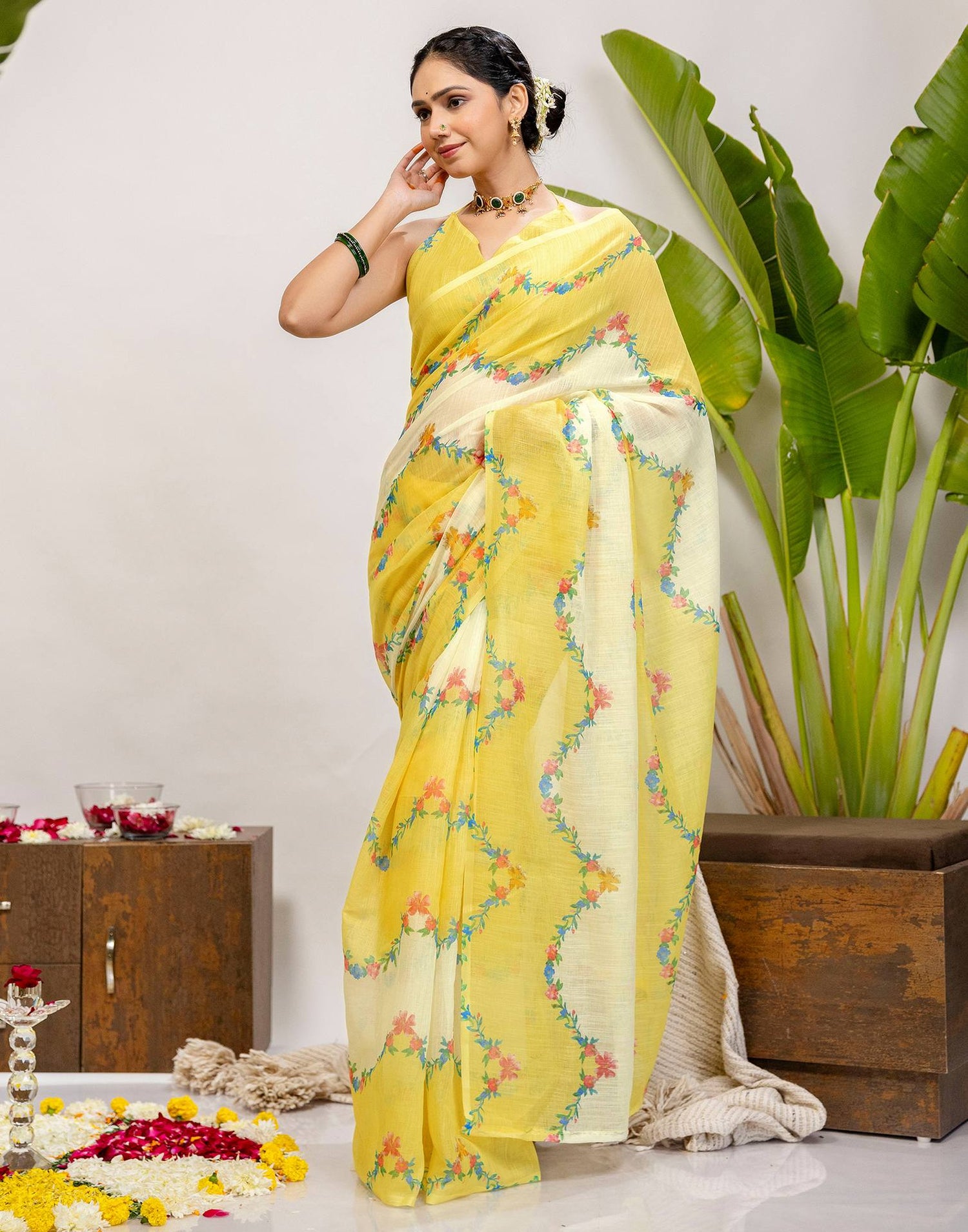 Yellow Cotton Printed Saree