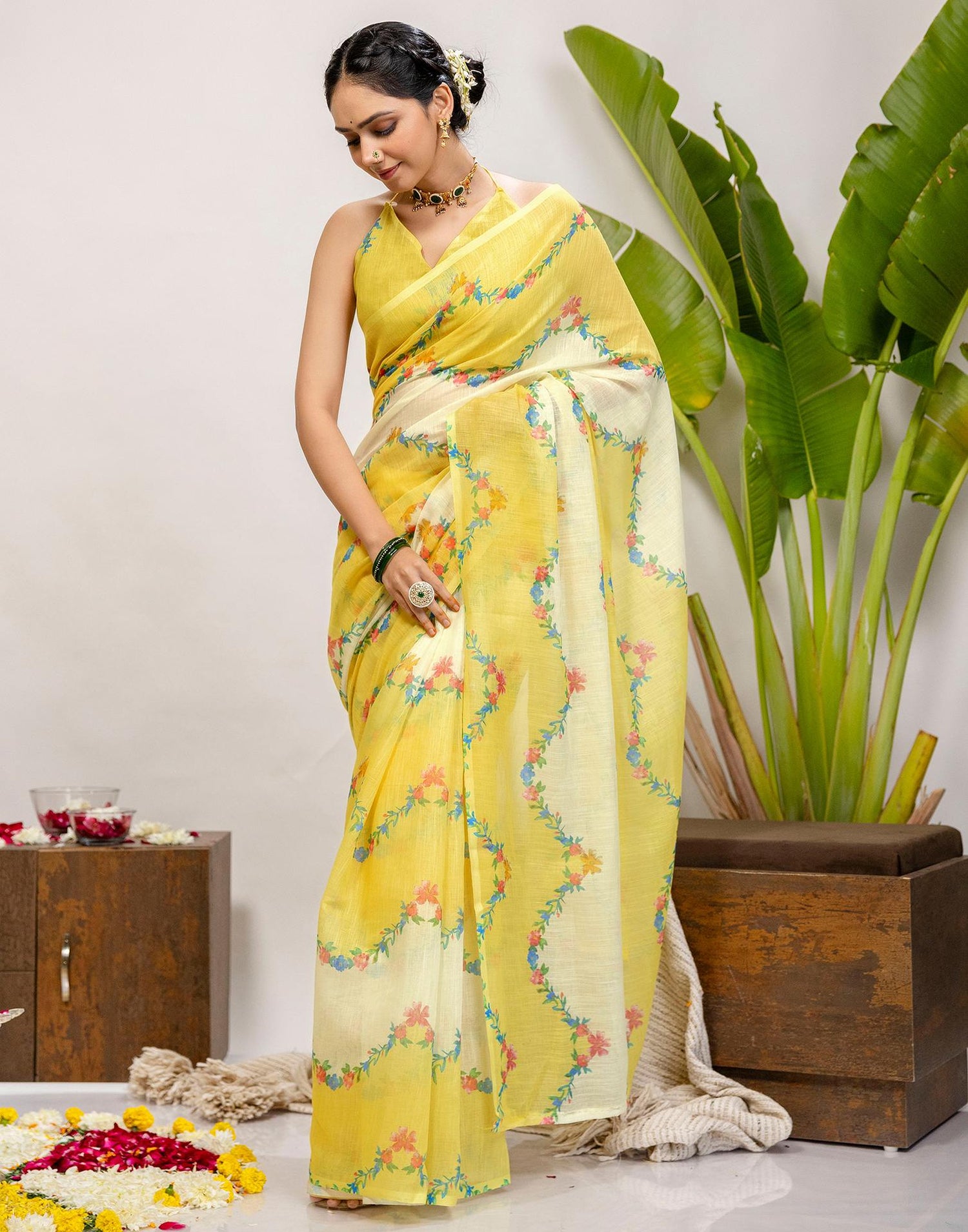 Yellow Cotton Printed Saree