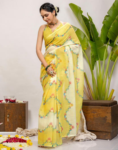 Yellow Cotton Printed Saree