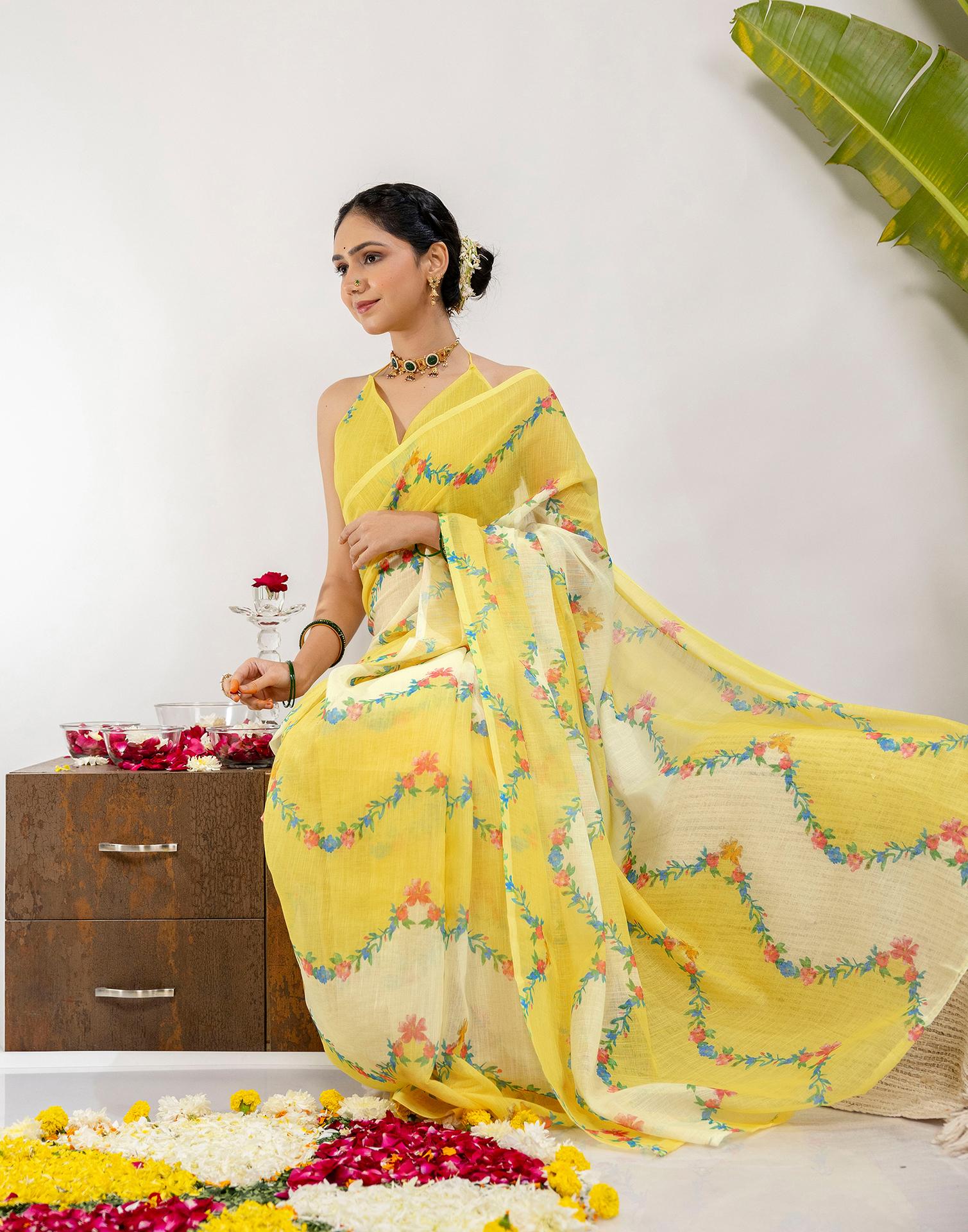 Yellow Cotton Printed Saree