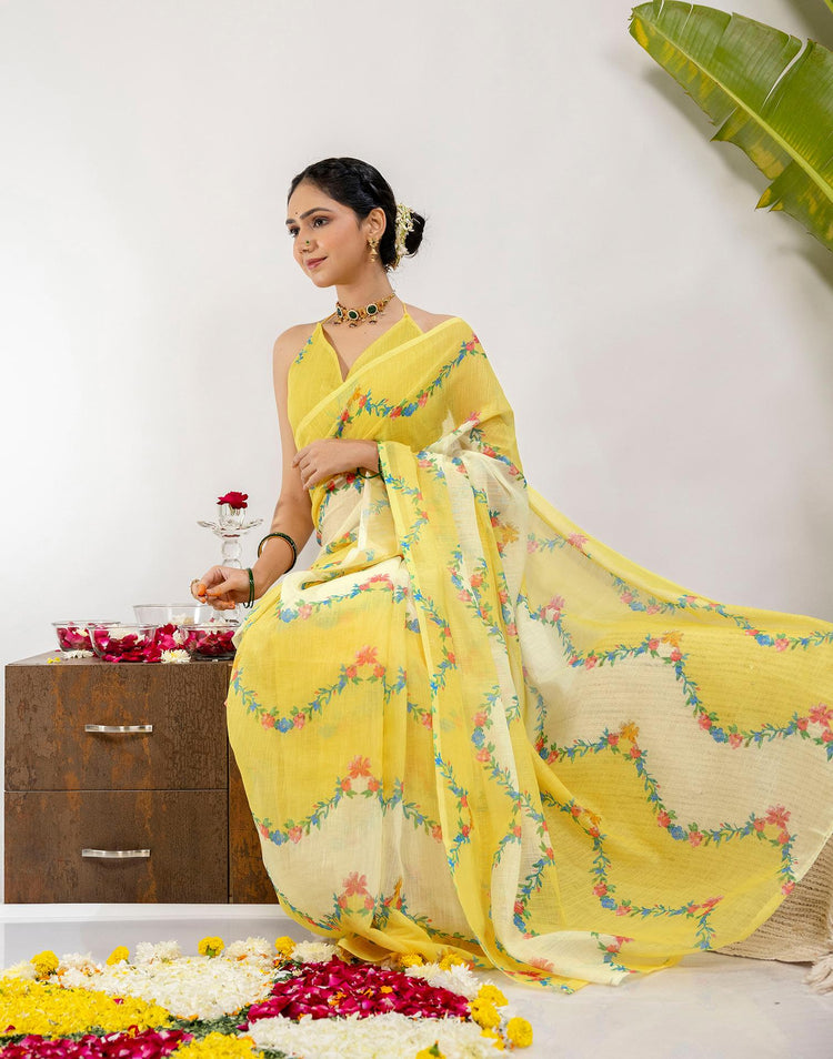 Yellow Cotton Printed Saree